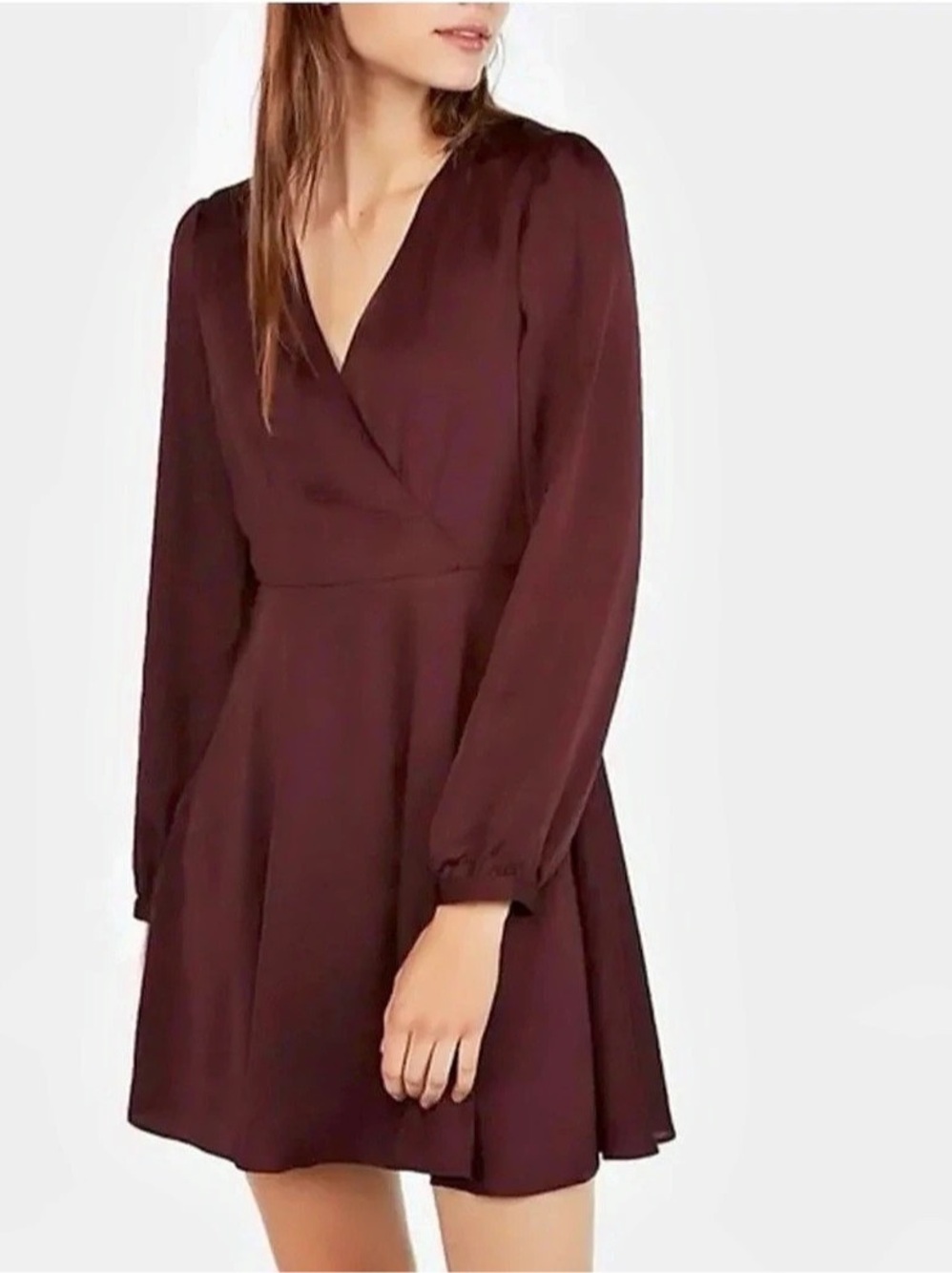 Express Burgundy Satin Faux-Wrap Long Sleeve Skater Mini Dress Size
